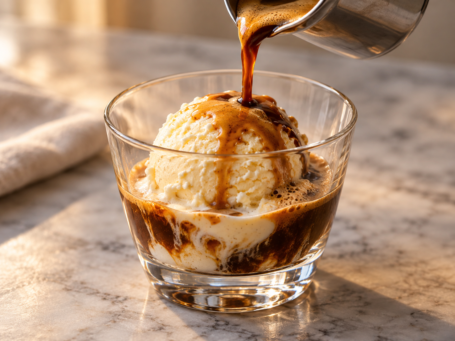 Hot espresso poured over a scoop of creamy ice cream in a glass bowl