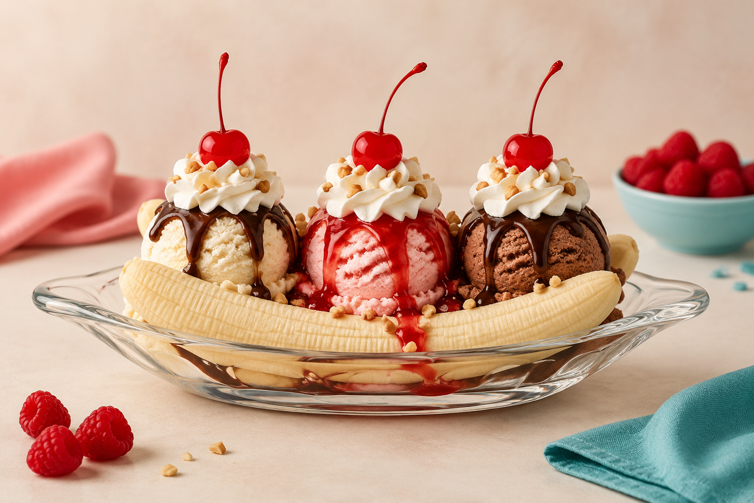 Realistic banana split in a glass dish