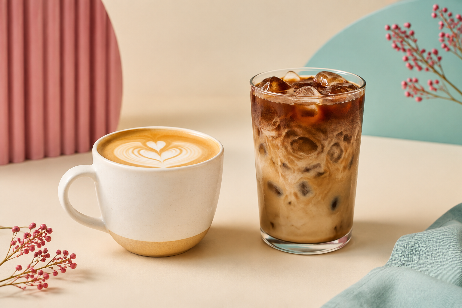 Hot latte and iced coffee
