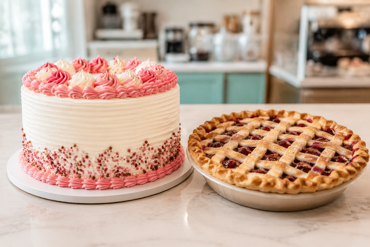 Custom celebration cake and dessert pie