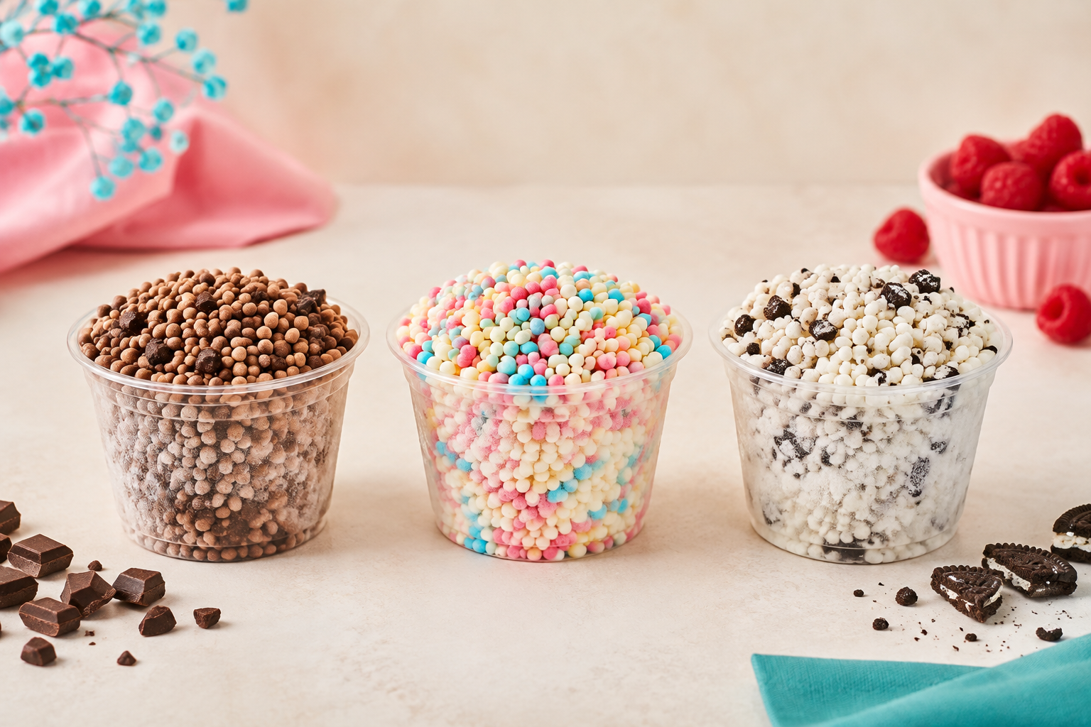 Three cups of colorful beaded ice cream