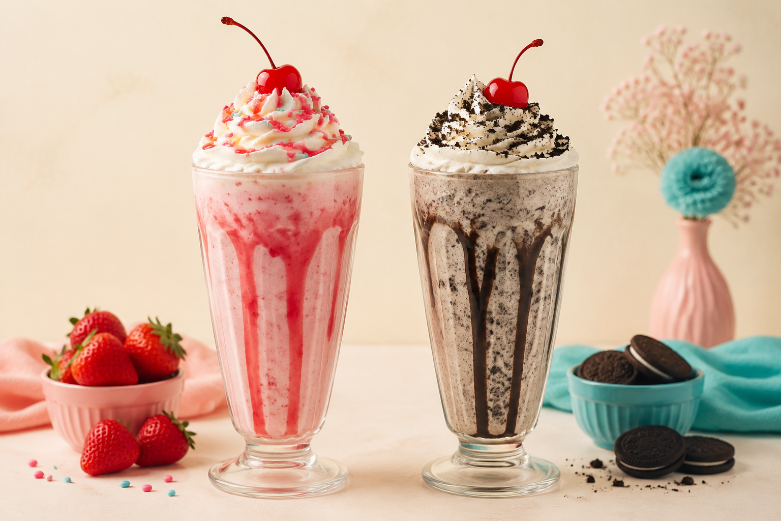 Strawberry and cookies-and-cream milkshakes