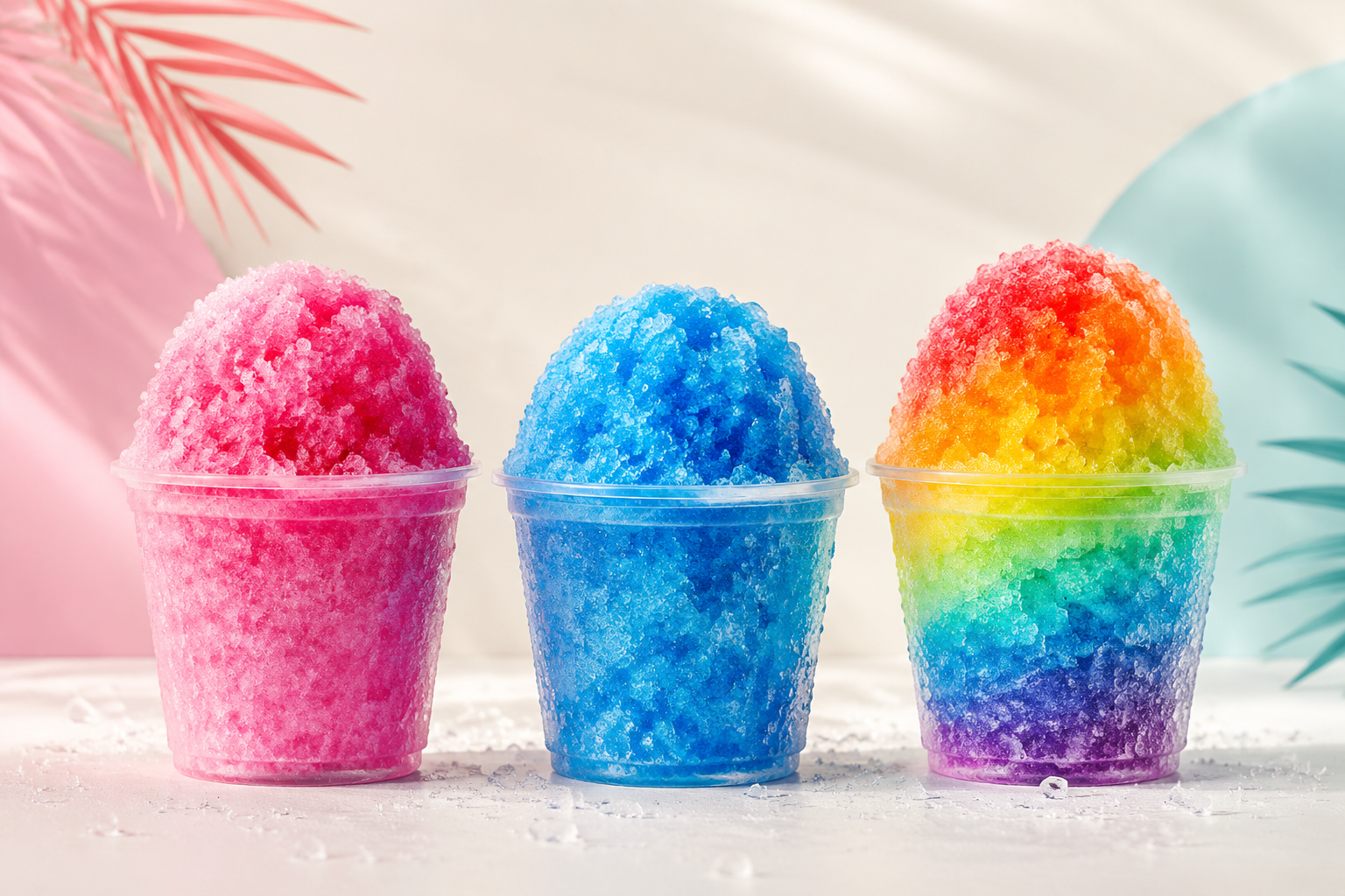 Three colorful shaved ice cups