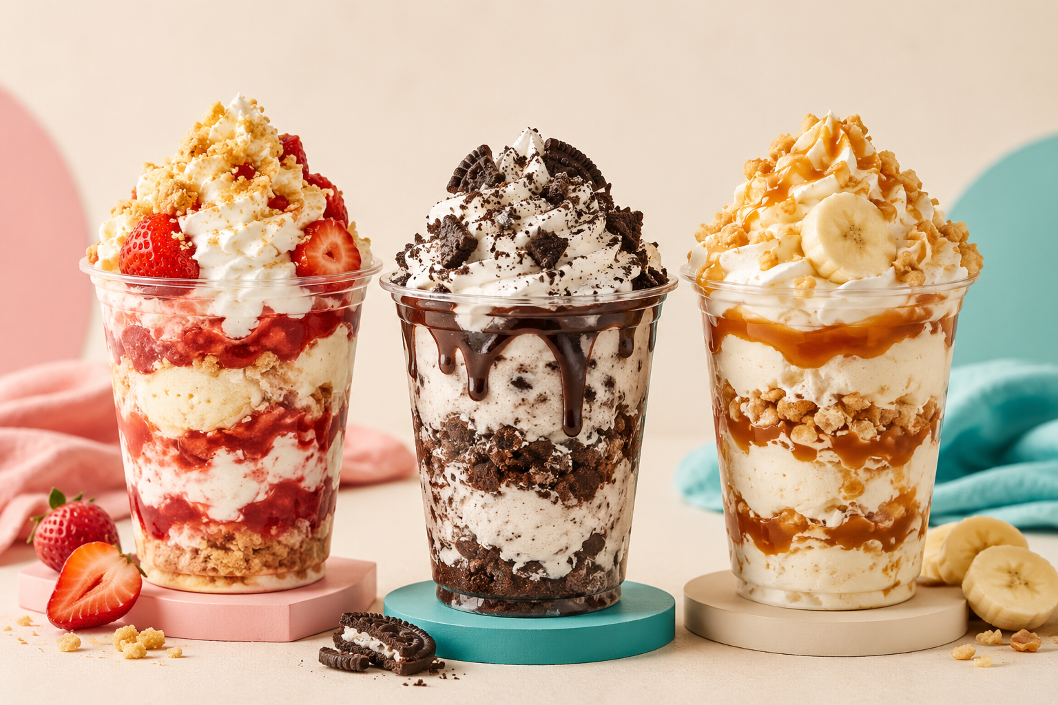Strawberry cheesecake, cookies-and-cream, and banana caramel stuffed cups